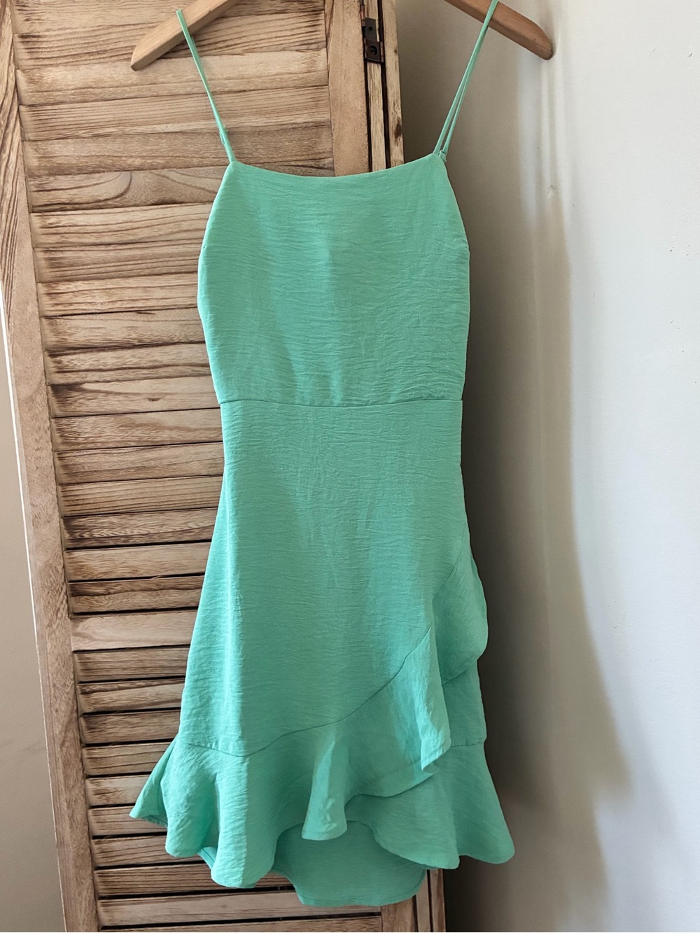 Mint Green Ruffle Hem Mini Dress Tie Back Cutout Spaghetti Strap Small